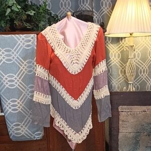 Bohemian Multicolor Crochet Top Burnt Orange, Gray, Cream V Neck
